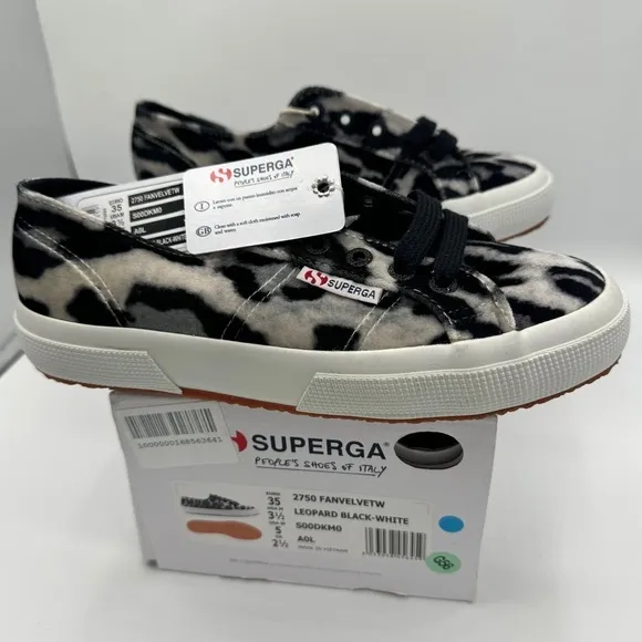 NWT Superga Classic Low Velvet Leopard Cheetah Black White Sneakers Shoes Unisex