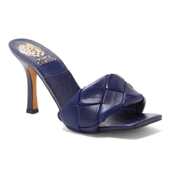 NWT Vince Camuto Brelanie Woven Genuine Leather Heeled Sandals in Navy