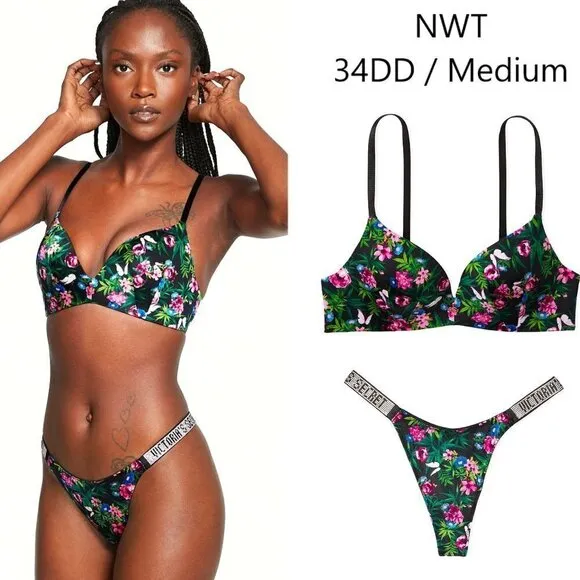 NWT VS Very Sexy Moonlit Garden PUSH UP BRA Shine Strap THONG PANTY 34DD M