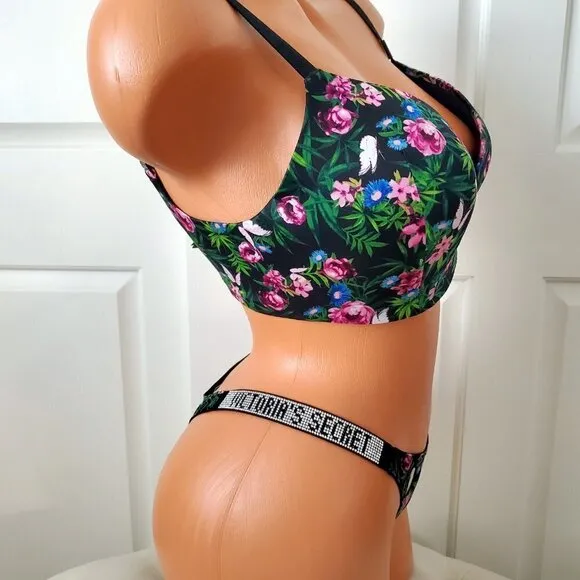 NWT VS Very Sexy Moonlit Garden PUSH UP BRA Shine Strap THONG PANTY 34DD M