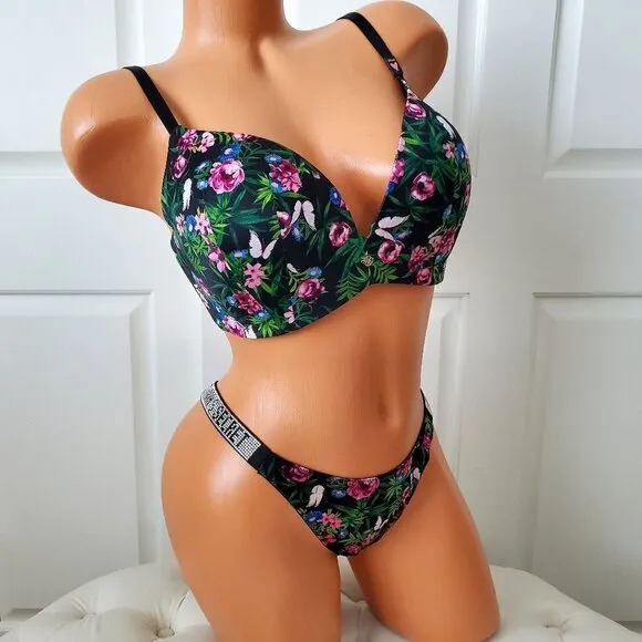 NWT VS Very Sexy Moonlit Garden PUSH UP BRA Shine Strap THONG PANTY 34DD M
