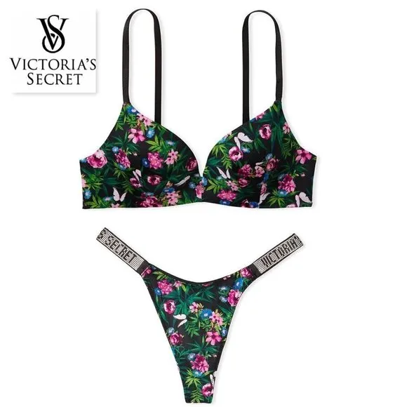 NWT VS Very Sexy Moonlit Garden PUSH UP BRA Shine Strap THONG PANTY 34DD M