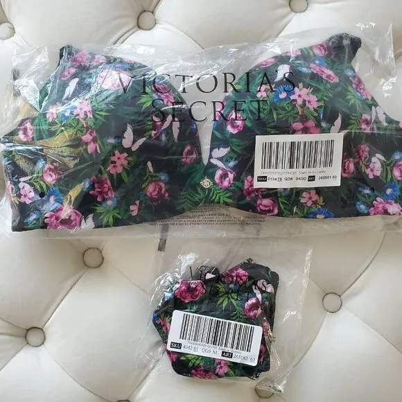 NWT VS Very Sexy Moonlit Garden PUSH UP BRA Shine Strap THONG PANTY 34DD M