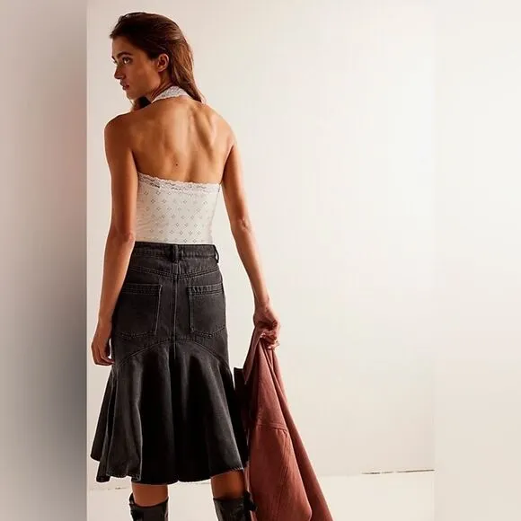 NWT We The Free Fishtail High Rise  Denim Skirt  MIDI in Black Sz 28