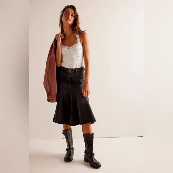 NWT We The Free Fishtail High Rise  Denim Skirt  MIDI in Black Sz 28