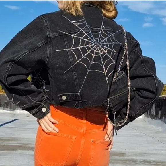 NWT ZARA SPECIAL EDITION RHINESTONE SPIDER  DENIM BLACK CROPPED JACKET SIZE L