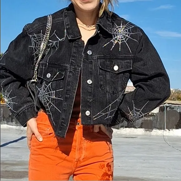 NWT ZARA SPECIAL EDITION RHINESTONE SPIDER  DENIM BLACK CROPPED JACKET SIZE L