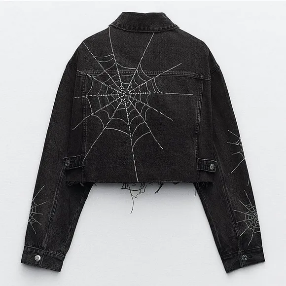 NWT ZARA SPECIAL EDITION RHINESTONE SPIDER  DENIM BLACK CROPPED JACKET SIZE L