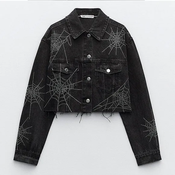 NWT ZARA SPECIAL EDITION RHINESTONE SPIDER  DENIM BLACK CROPPED JACKET SIZE L