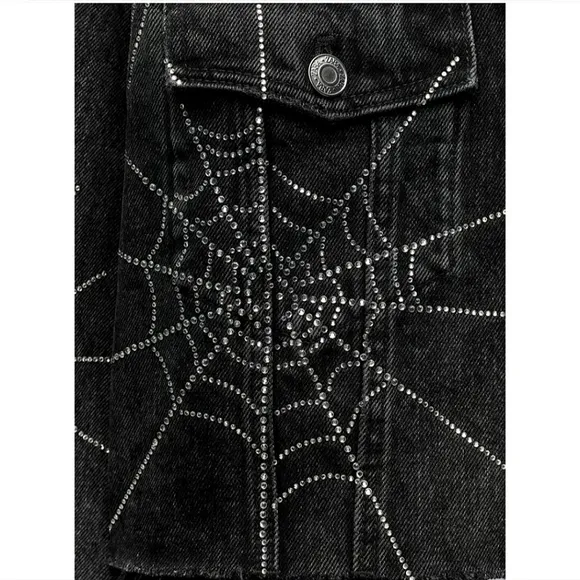 NWT ZARA SPECIAL EDITION RHINESTONE SPIDER  DENIM BLACK CROPPED JACKET SIZE L