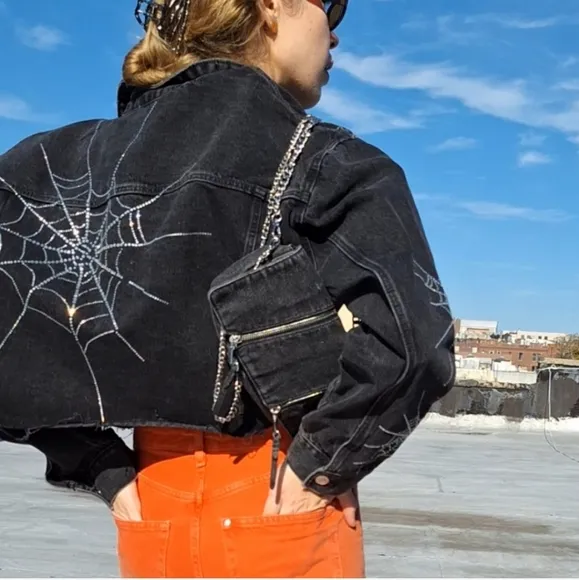 NWT ZARA SPECIAL EDITION RHINESTONE SPIDER  DENIM BLACK CROPPED JACKET SIZE L