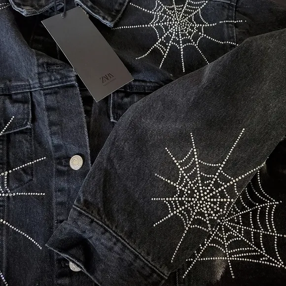 NWT ZARA SPECIAL EDITION RHINESTONE SPIDER  DENIM BLACK CROPPED JACKET SIZE L