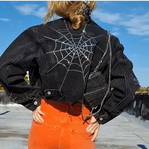 NWT ZARA SPECIAL EDITION RHINESTONE SPIDER  DENIM BLACK CROPPED JACKET SIZE L