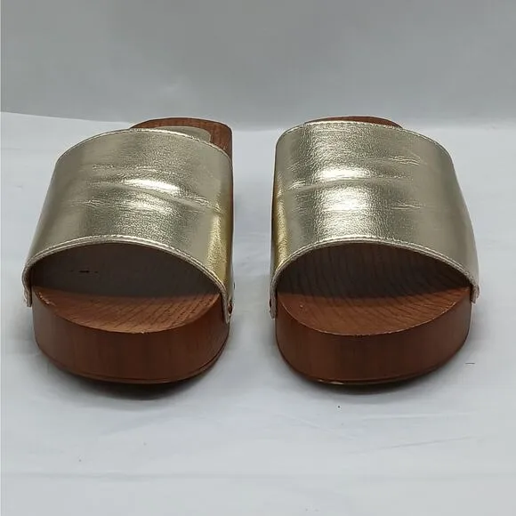 Olivia Miller Womens Sandals Shoes Size 8 Gold Faux Leather Slip On Mules Slides
