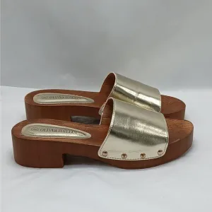 Olivia Miller Womens Sandals Shoes Size 8 Gold Faux Leather Slip On Mules Slides