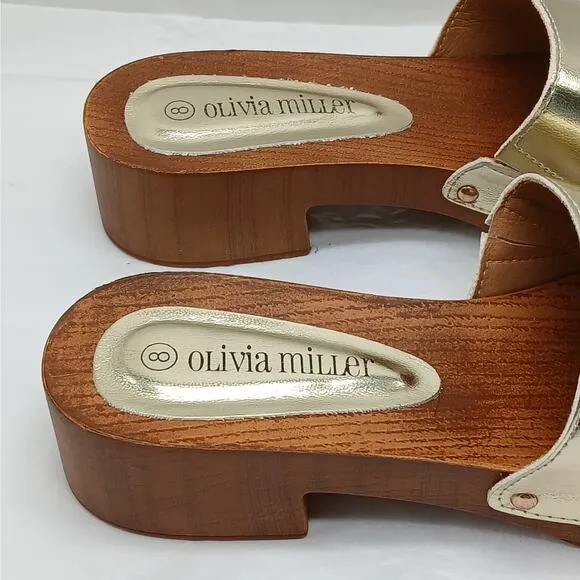 Olivia Miller Womens Sandals Shoes Size 8 Gold Faux Leather Slip On Mules Slides