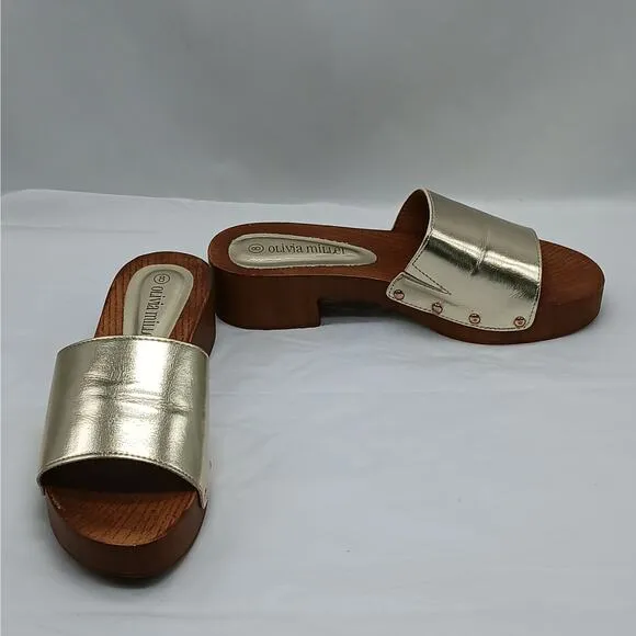 Olivia Miller Womens Sandals Shoes Size 8 Gold Faux Leather Slip On Mules Slides