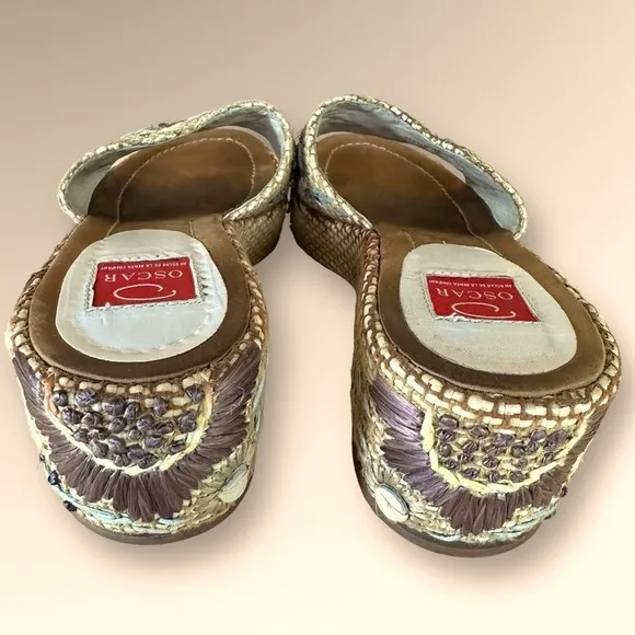 Oscar de la Renta  &quot;Anne&quot; Raffia Woven Embroidered Platform Slides Sandals Sz 7