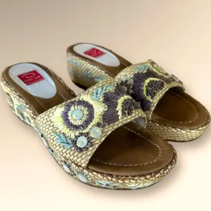 Oscar de la Renta  &quot;Anne&quot; Raffia Woven Embroidered Platform Slides Sandals Sz 7