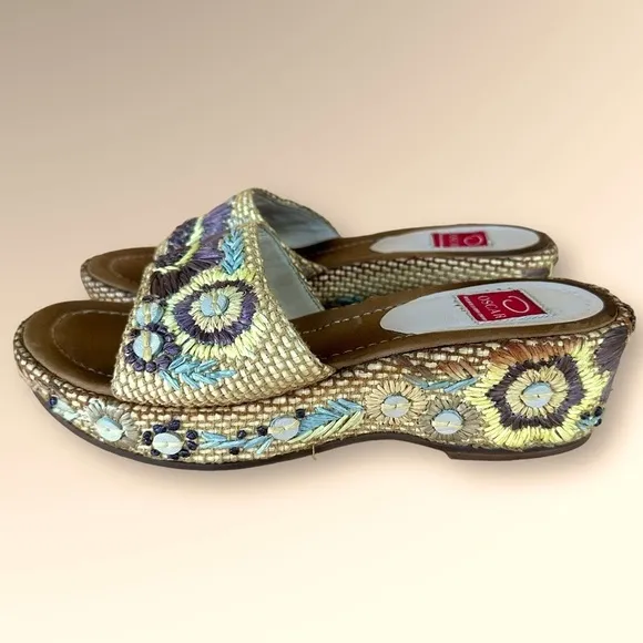 Oscar de la Renta  &quot;Anne&quot; Raffia Woven Embroidered Platform Slides Sandals Sz 7