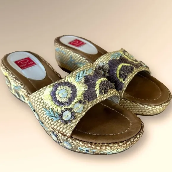 Oscar de la Renta  &quot;Anne&quot; Raffia Woven Embroidered Platform Slides Sandals Sz 7