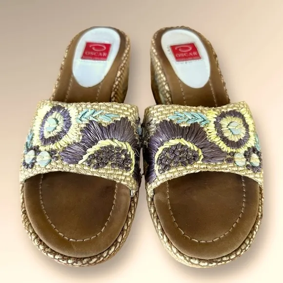Oscar de la Renta  &quot;Anne&quot; Raffia Woven Embroidered Platform Slides Sandals Sz 7