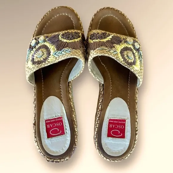Oscar de la Renta  &quot;Anne&quot; Raffia Woven Embroidered Platform Slides Sandals Sz 7