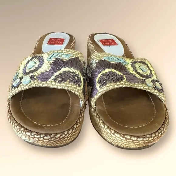 Oscar de la Renta  &quot;Anne&quot; Raffia Woven Embroidered Platform Slides Sandals Sz 7