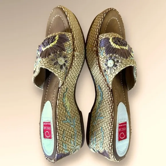 Oscar de la Renta  &quot;Anne&quot; Raffia Woven Embroidered Platform Slides Sandals Sz 7