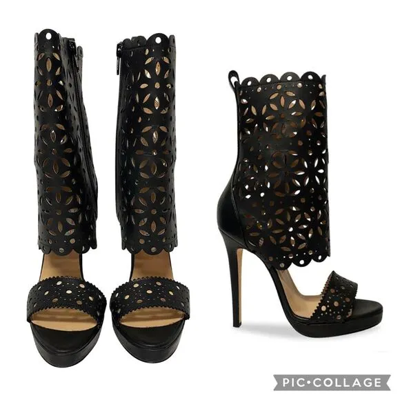OSCAR DE LA RENTA Laser Cut Out Black Leather Stiletto Heeled Booties $995 EUC