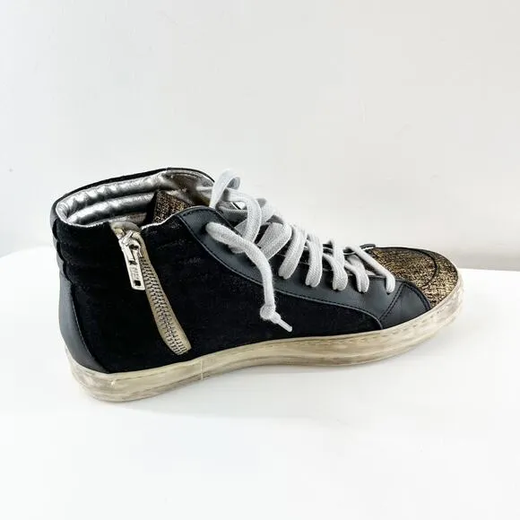 P448 High Top Lace Up Skate Sneakers Black Gold Foil 7