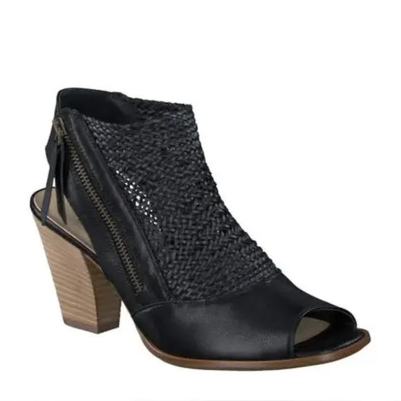 Paul Green Leilani Peep Toe Sandal -Black Woven Nubuck Leather Size 10.5