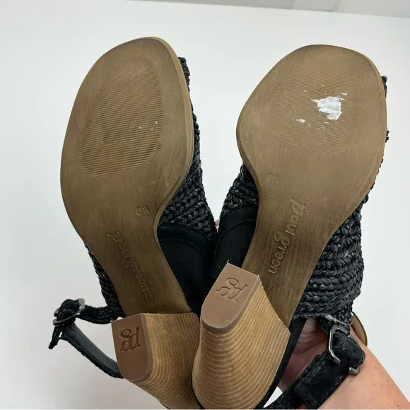 Paul Green Lovely Sandals Black Woven Vamp Slingback Heels US 11 NEW *FLAWED