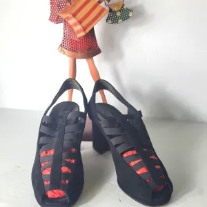 Paul Green Munchen Black Suede Peep Toe Sling Back Strappy Sandals Block  Heel