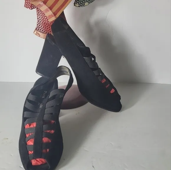 Paul Green Munchen Black Suede Peep Toe Sling Back Strappy Sandals Block  Heel