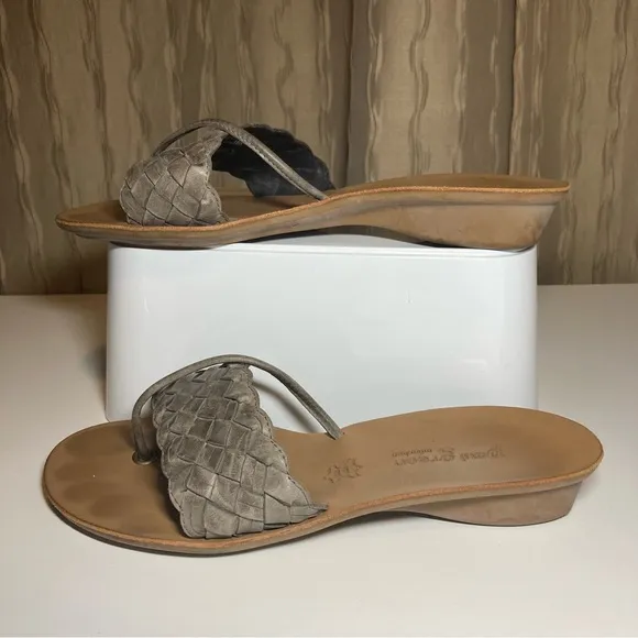 Paul Green Women’s Size 5.5 Beige Grey Woven Leather Thong Wedge Sandals Austria