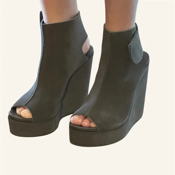 PEDRO GARCIA Gray Suede Platform Wedge Peep-Toe Ankle Boots🌸