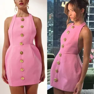 Pink mini dress with gold flower detail buttons