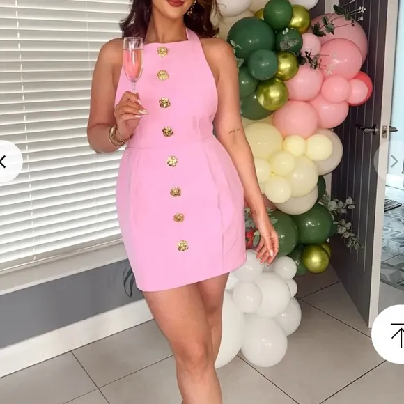 Pink mini dress with gold flower detail buttons