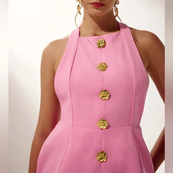 Pink mini dress with gold flower detail buttons