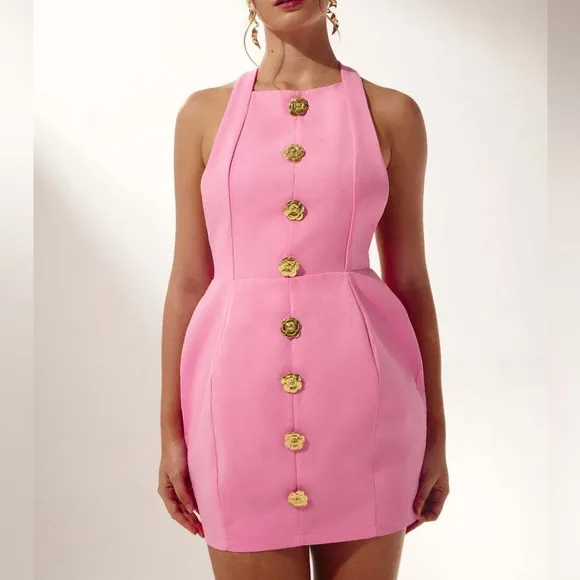 Pink mini dress with gold flower detail buttons