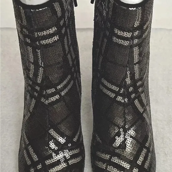 Plaid Sequin Ankle Boots - Black and Silver