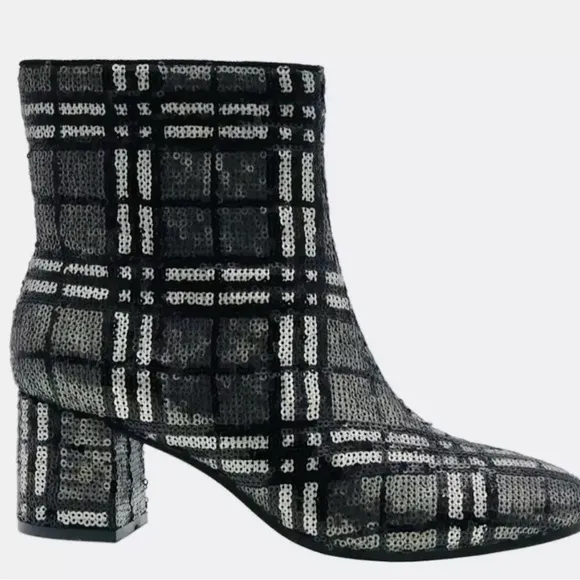 Plaid Sequin Ankle Boots - Black and Silver