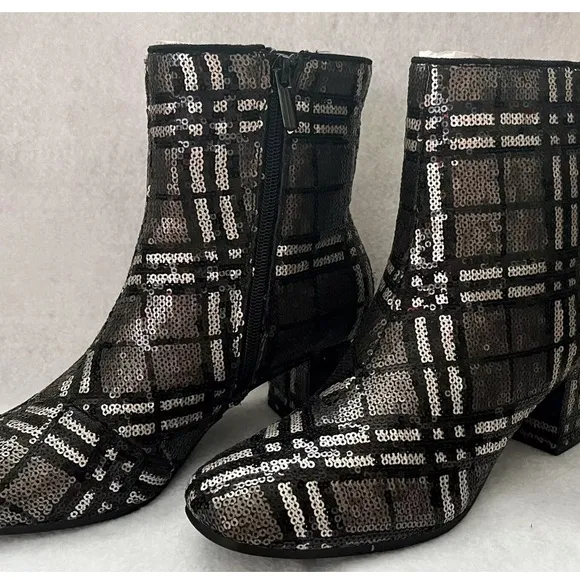 Plaid Sequin Ankle Boots - Black and Silver