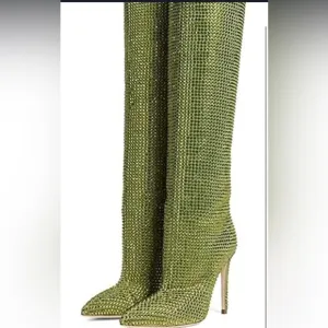 Pointed Toe Stiletto High Heel Knee High Boots Sparkle Rhinestone Pull On