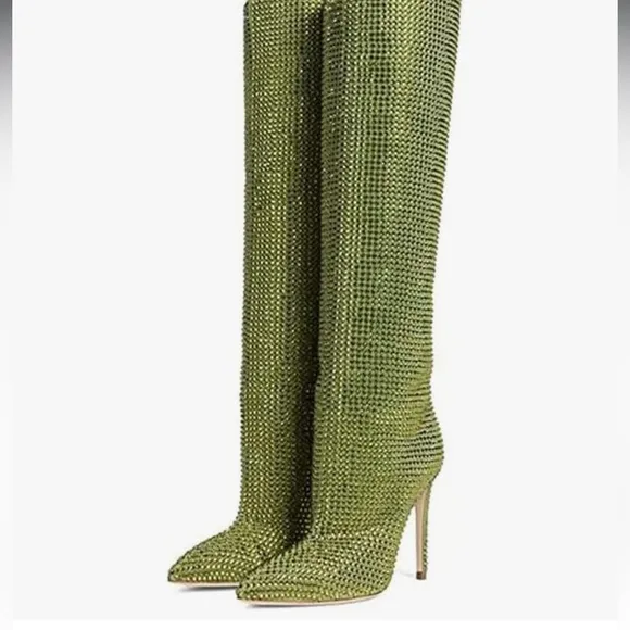 Pointed Toe Stiletto High Heel Knee High Boots Sparkle Rhinestone Pull On