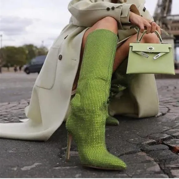 Pointed Toe Stiletto High Heel Knee High Boots Sparkle Rhinestone Pull On