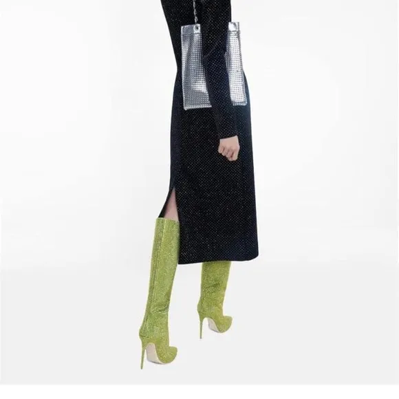 Pointed Toe Stiletto High Heel Knee High Boots Sparkle Rhinestone Pull On