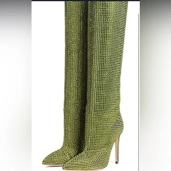 Pointed Toe Stiletto High Heel Knee High Boots Sparkle Rhinestone Pull On