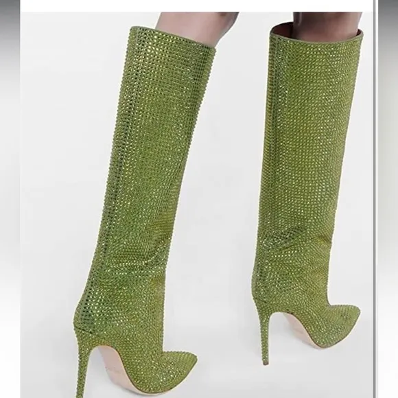 Pointed Toe Stiletto High Heel Knee High Boots Sparkle Rhinestone Pull On